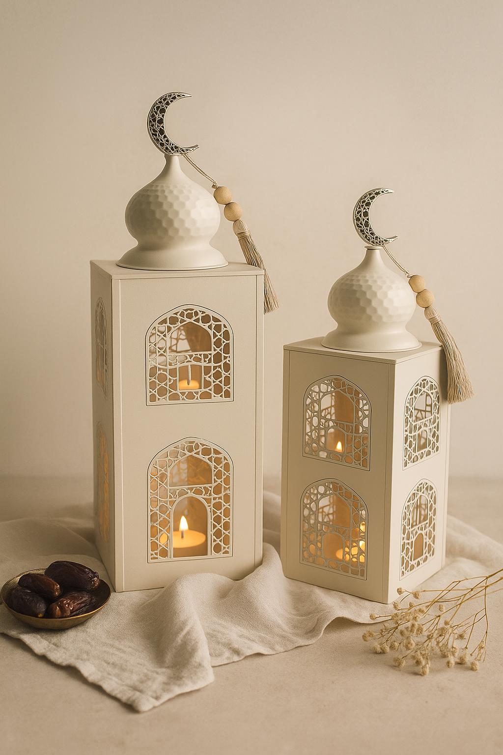 Lanternes marocaines blanches en métal sculpté avec motifs orientaux et croissants de lune, décoration artisanale pour intérieur ou table de fête 